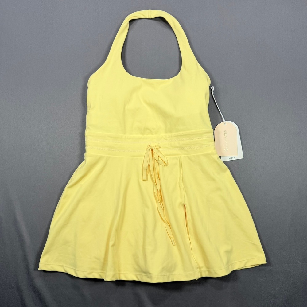 Blogilates Womens M Yellow Recycled Poly Game Set Match Halter Tennis Dress